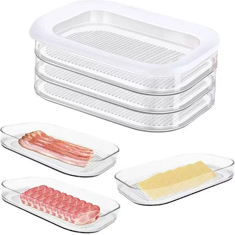 熟食肉盒三层冰箱密封收纳盒培根带盖食品储存盒透明分装保鲜盒