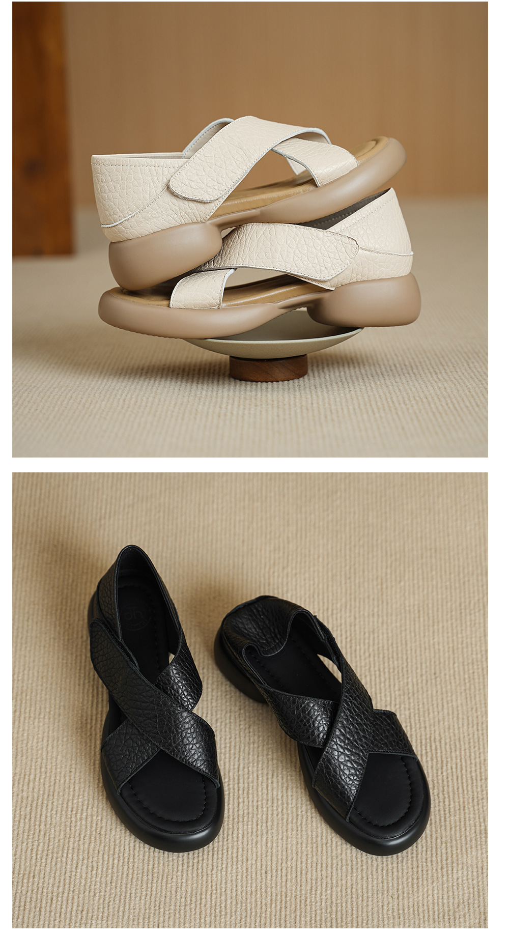 Sandal nữ hở mũi đế dày 4 cm da cừu quai ngang khóa — đen chi tiết 12
