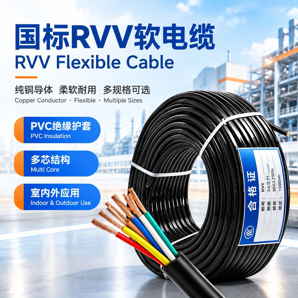 国标RVV软电线铜芯阻燃防水电源线多芯控制电缆