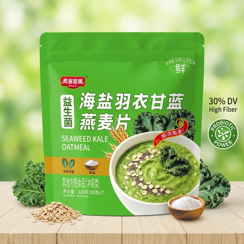 Probiotic Sea Salt Kale Oatmeal No-Cook Ready-To-Eat Student Nutritional Meal Replacement Filling and Satiating Individually Packaged for Distribution Probiotic Sea Salt Kale Oatmeal No-Cook Ready-To-Eat Student Nutritional Meal Replacement Filling and Satiating Individually Packaged for Distribution
