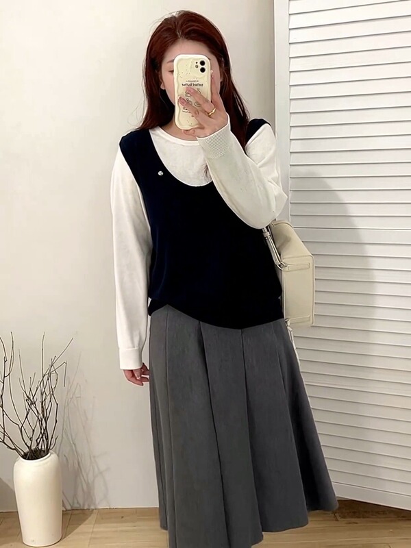 【包邮】大码女装假两件圆领上衣2025秋款胖mm百搭休闲宽松针织衫|undefined
