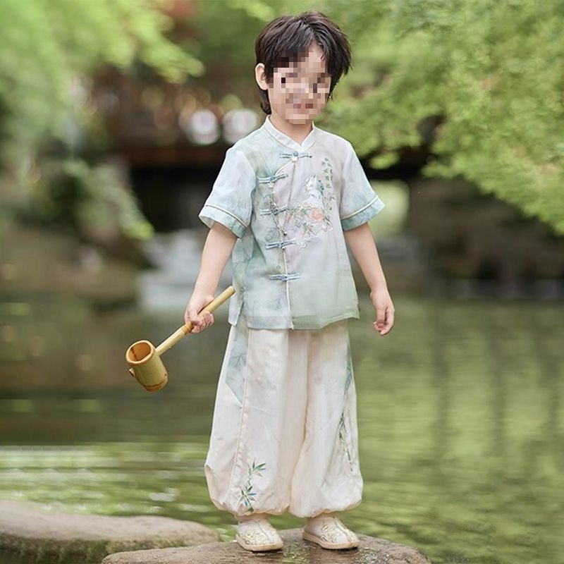 2025新款汉服男童写真旅游夏季儿童国风套装男孩新中式唐装两件套|undefined