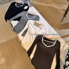 暖氧珍珠绒螺纹打底衫V领蕾丝花边固定杯复古风聚拢无痕百搭上衣