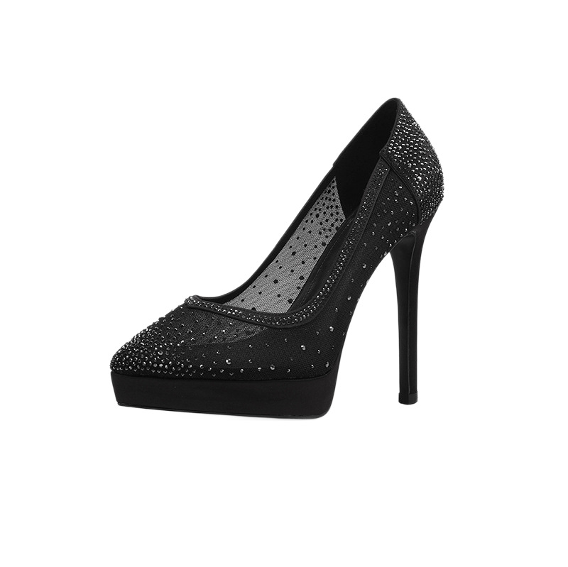 Giày cao gót nữ mũi nhọn da thật đế platform gót siêu cao 12 cm, phối lưới đính đá rhinestone — đen