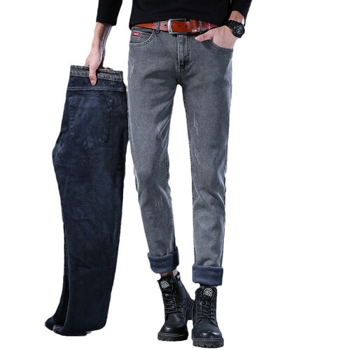 Velvet and thick jeans, elastic men's new winter style, slim slim-fitting pants, blue, all-matching, slimming, Korean trend
