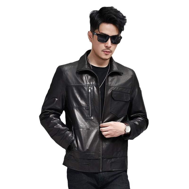 Autumn jacket with zipper, genuine leather