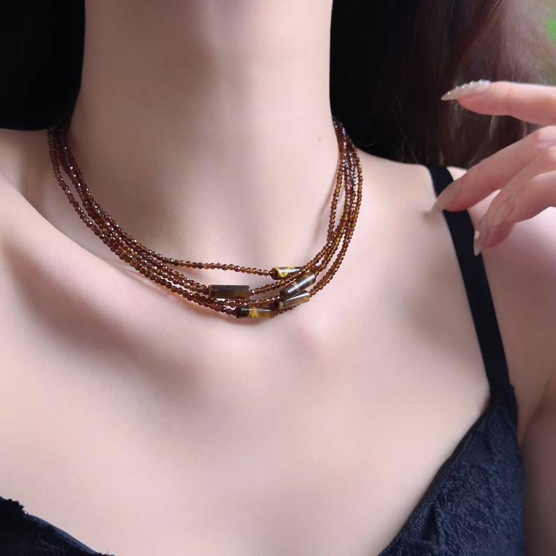 多层咖色水晶串珠长款项链女choker虎眼石颈链小众时尚叠戴锁骨链|undefined