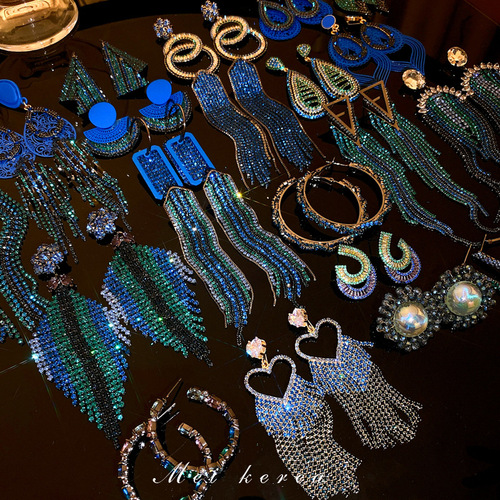 Silver needle European and American exaggerated blue diamond geometric flower tassel earrings personality cold style earrings fashion earrings for women