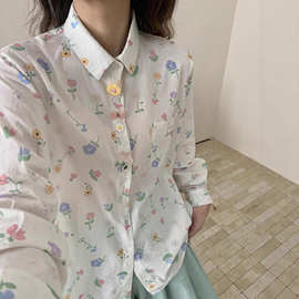 长袖衬衫 2025秋季新款 彩色扣子开衫上衣女甜美花朵印花衬衣3275