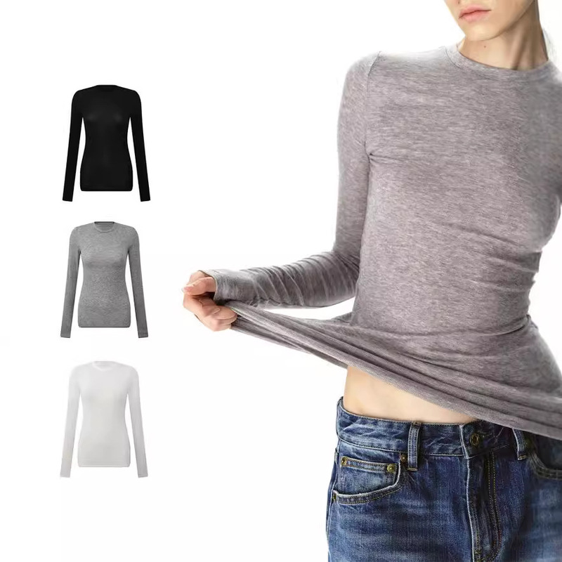 Crewneck Lightweight Wool Tencel High Elastic Long-sleeved Base Shirt Slim-fit Top Women's 2024 Autumn New