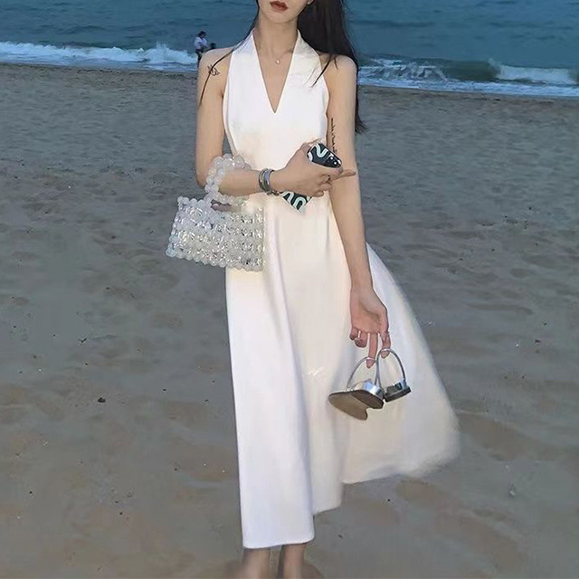 프랑스 목 백리스 화이트 원피스 어린이 여름 순수 해변 휴일 싼야 여행 착용 비치 원피스
