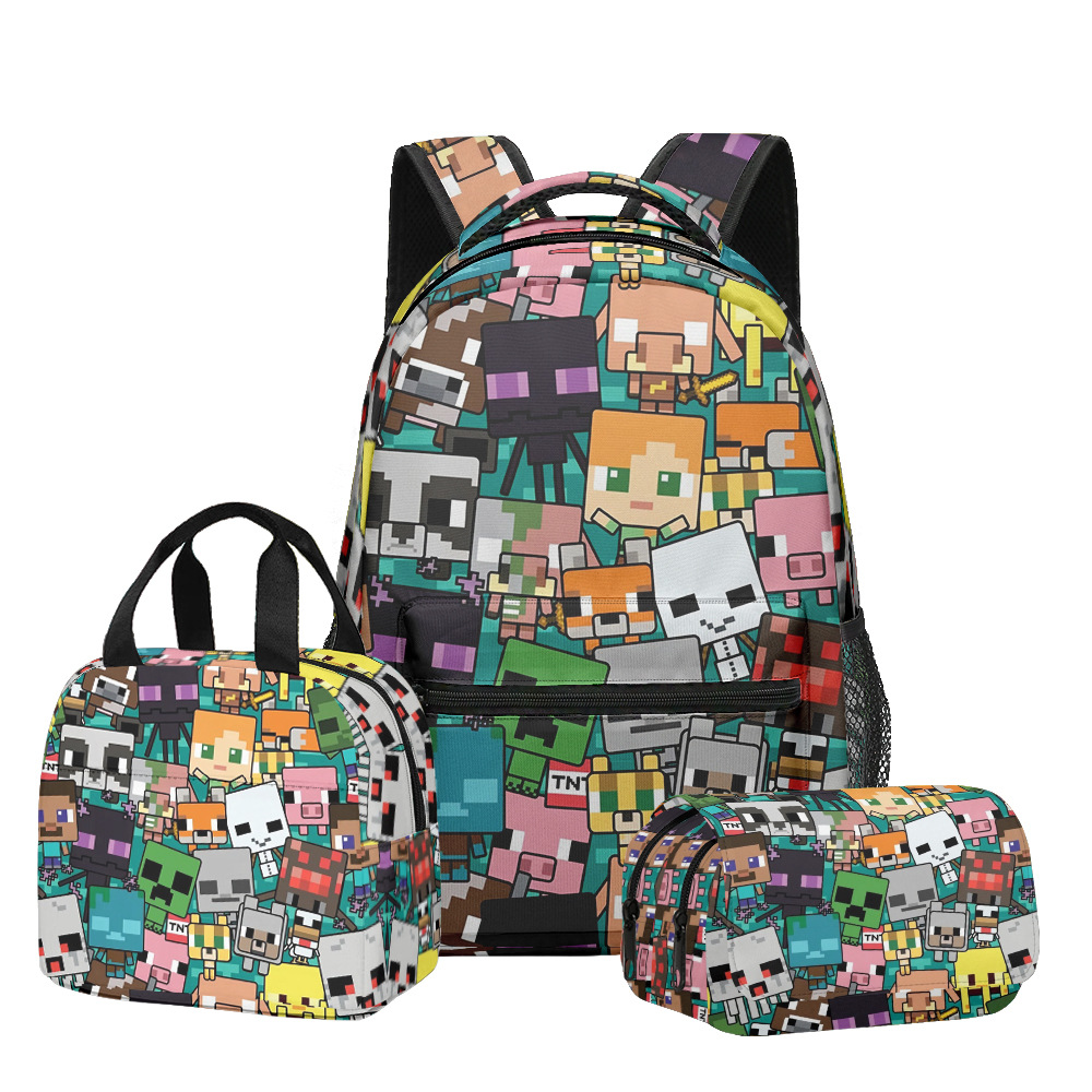 Nuevo producto 3D My World Minecraft mochila de estudiantes de primaria y secundaria bolsa de almuerzo bolsa de bolígrafo doble tres piezas set