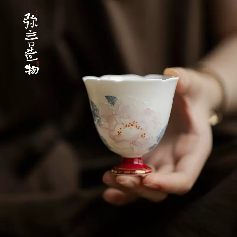 弥言纯手工花口大号主人杯手绘堆料牡丹茶杯高档描金品茗杯功夫茶