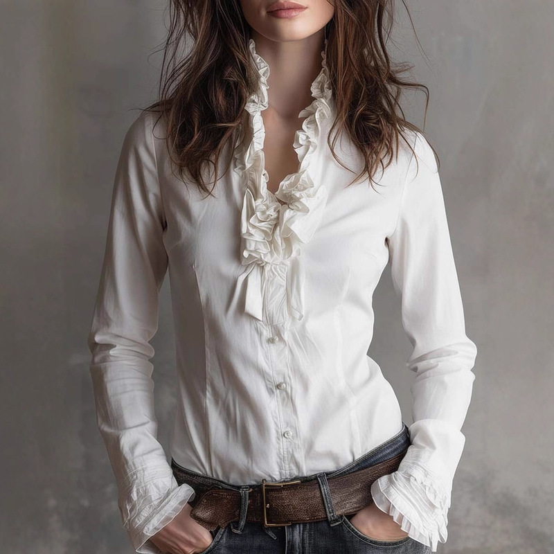 2025 Spring and Summer New European Station Business Wear White Large Size Lace One-Line Collar Slim One-Piece Blouse