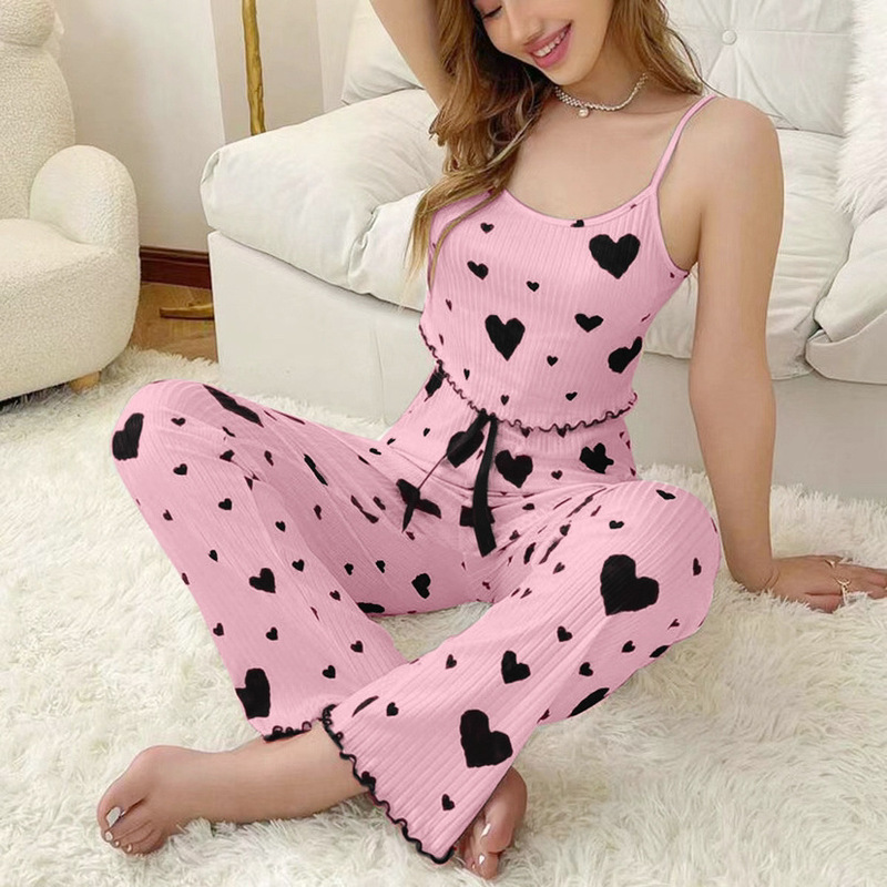 Cross-Border Hot-Selling Ribbed Heart-Shaped Summer Women's Sexy Lingerie Camisole and Pajama Set Homewear Wholesale Cross-Border Hot-Selling Ribbed Heart-Shaped Summer Women's Sexy Lingerie Camisole and Pajama Set Homewear Wholesale
