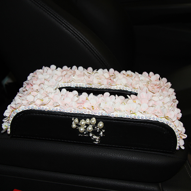 Caja de pañuelos para coche Caja de dibujo de papel para coche Flor Decoración de coche Caja de dibujo de perlas Caja de papel Portaholito de servilleta para coche creativo image 4