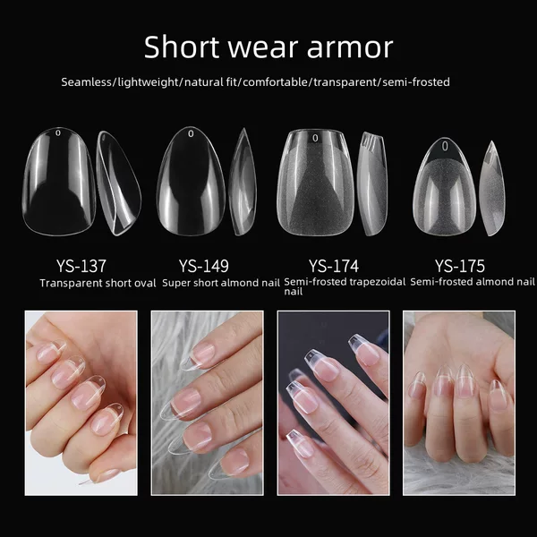 Cross-border nail piece semi-frosted transparent short almond nail trapezoid non-engraved grinding full paste seamless patch fake nails wholesale