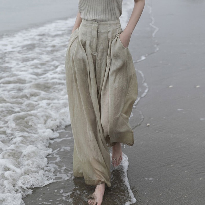 Casual Khaki Linen Wide-Leg Pants with High Waistband and Pockets, Flowy and Relaxed Style, Floor-Length Trousers