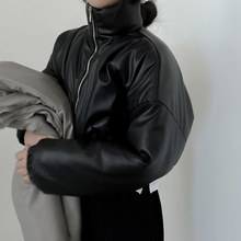 韩国chic气质新款 复古立领加厚保暖宽松百搭短款PU皮棉服外套女
