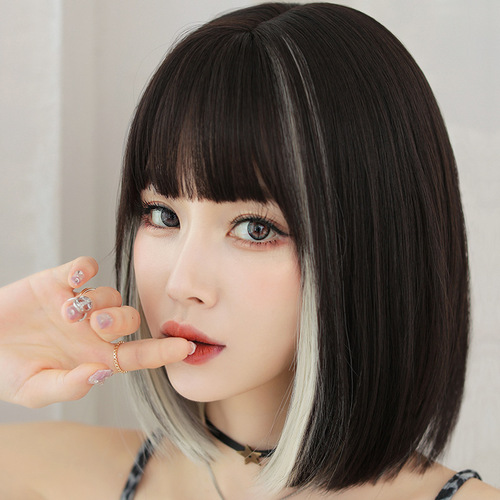 Wig for women with short hair, Internet celebrity, ear-hanging dyed full headband, clavicle hair, round face, full bangs, bob head, buckled full headband