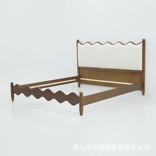 Medieval Style Ripple Fabric Bed Brown Solid Wood Double Soft Bed Italian Minimalist Style Leather Bed Master Bedroom Wedding Bed Large Bed