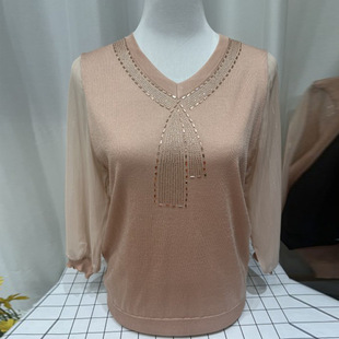Ladieswear's Spring Gauze Sleeve Bottoming Shirt Tops for Middle-Aged and Elderly Women Spring & Fall Knitted Long-Sleeved T-Shirt Thin Tops