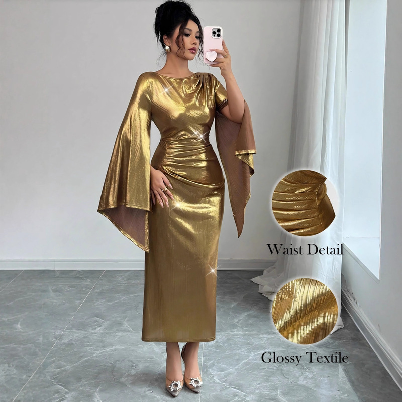European and American Cross-Border Hot 2025 Women's Slim Sexy Hot Girl American Hot Gold Round Neck Slim Long Dress European and American Cross-Border Hot 2025 Women's Slim Sexy Hot Girl American Hot Gold Round Neck Slim Long Dress