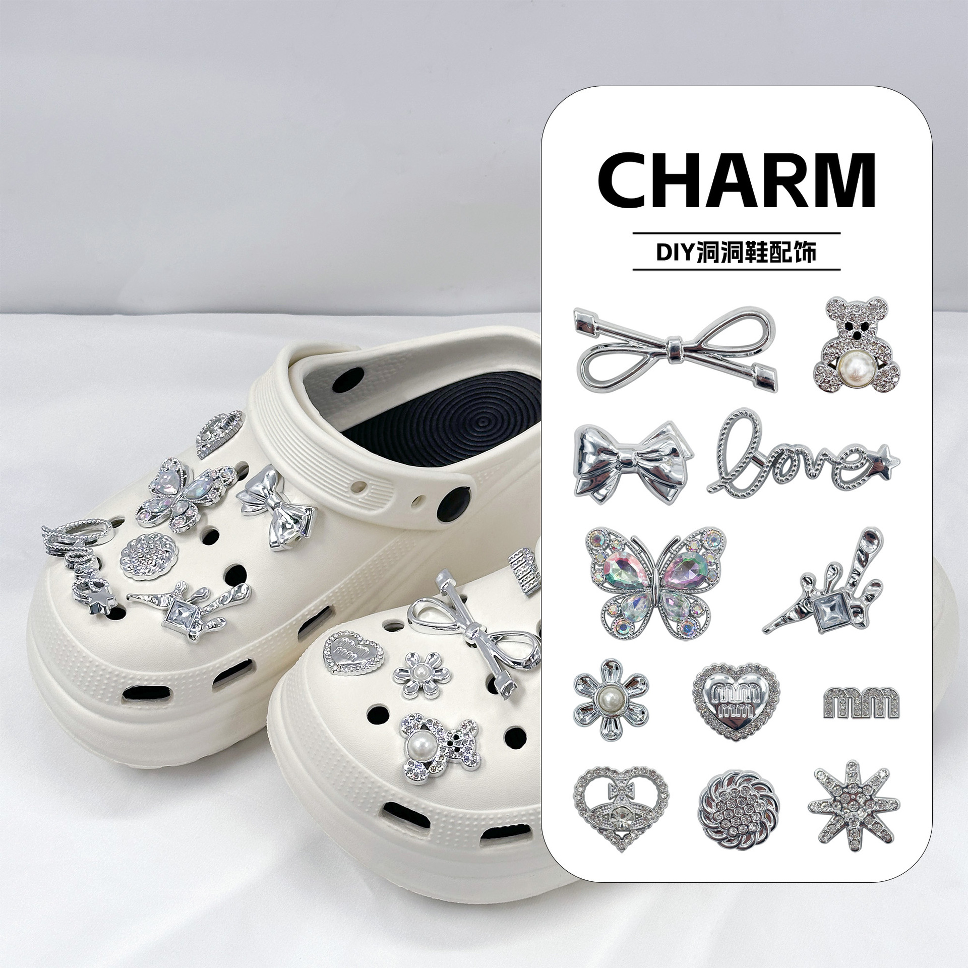 Nuevos accesorios de zapatos transfronterizos flor de plata cinco hojas de plata mariposa pequeña conjunto agujero conjunto de hebilla de zapatos