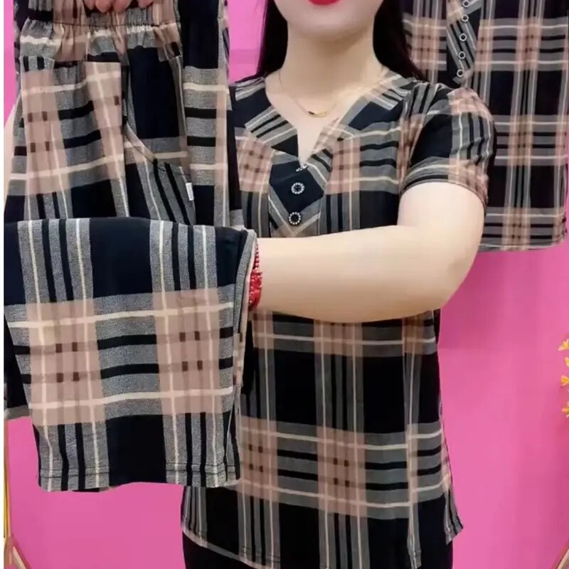 Summer Scissors Collar Large Plaid Casual Fashion Slimming Western Style All-match Women's Age-reducing Loose Short-sleeved suit