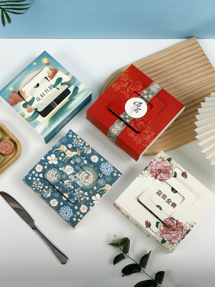 Caja de pastel de luna de mediodía de otoño, caja de embalaje portátil de yemas de huevo, caja de regalo de 4 / 6 cápsulas, belleza de nieve, flores de nieve, 80g.