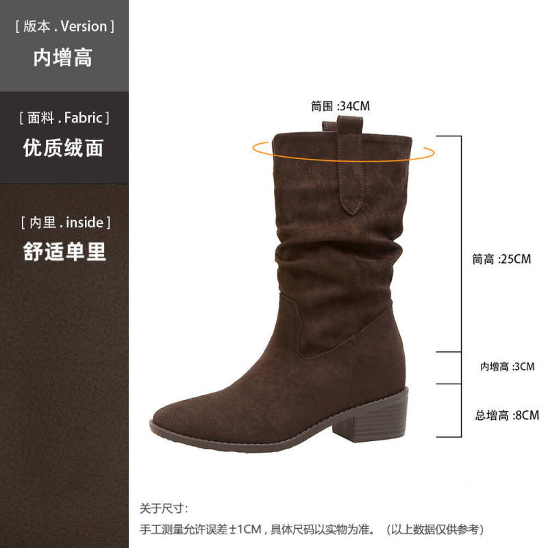 葡萄妈~8cm增高堆堆靴子女2025秋季V口显瘦美拉德粗跟中筒马丁靴|undefined