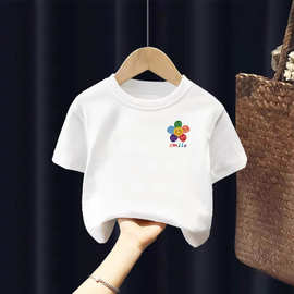 2417#儿童女孩短袖T恤中大童七彩花花女童简约舒适圆领夏装上衣