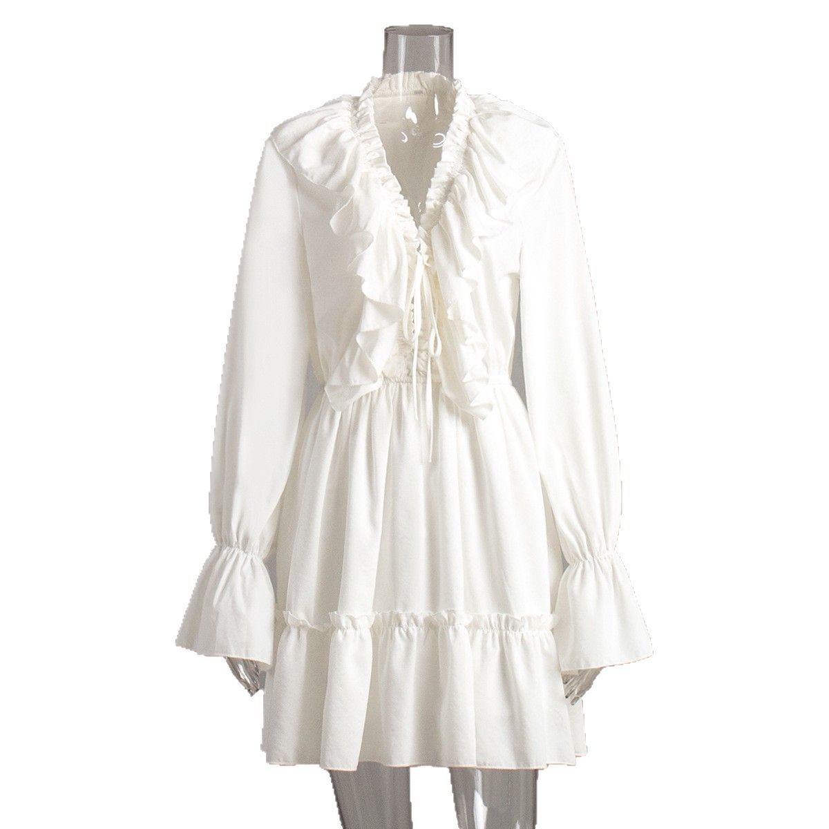 Cross-Border V-Neck Women 2025 Spring Summer New Flared Sleeve European And American Style Short Chiffon Dress_ecoleips.com