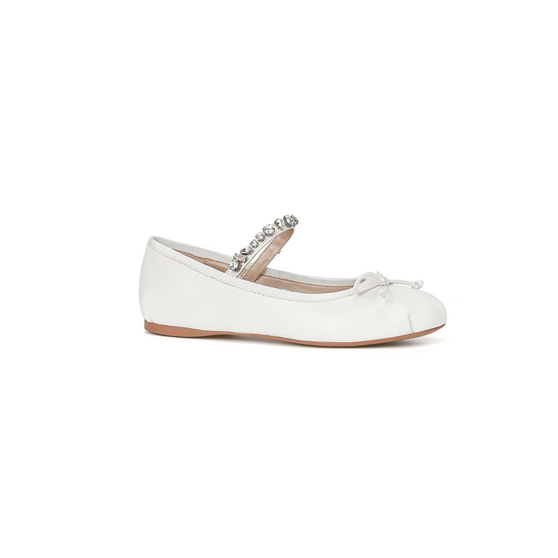 Giày búp bê nữ mũi tròn đế bằng gót thấp 1-3 cm, thân lụa satin đính đá, kiểu Mary Jane — Lụa thật màu hồng, Lụa thật màu trắng, Màu xanh lam lụa thật