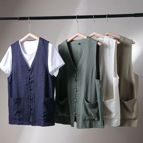 Chinese-style mandarin collar loose linen vest jacket with natural linen and breathable design, summer men's traditional Chinese retro buttoned lapel
