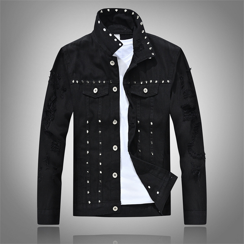 Foreign trade punk performance Men's rivet vest plus size motorcycle coat European and American slim fit Denim ripped coat
