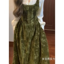 新中式国风复古立领盘扣衬衫&竹子丝绒背带连衣裙秋冬新款两件套