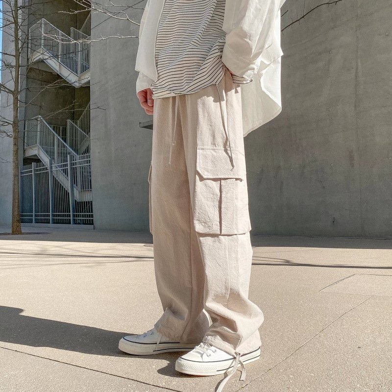 유럽과 미국의 하이 스트리트 스트레이트 포켓 바지 트렌디 브랜드 일본 작업복 스타일 남성용 루즈 캐주얼 바지