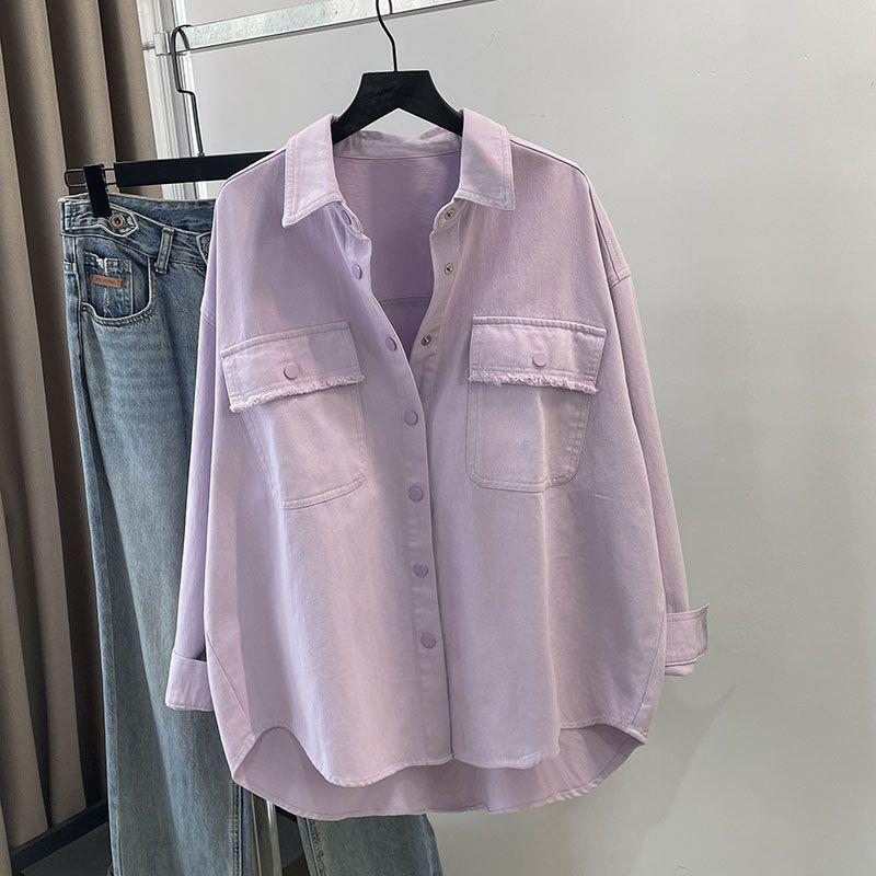 Purple Denim Work Jacket for Women, New Spring Style, Oversized Loose Shirt, Lazy Minimalist Casual Versatile Shirt