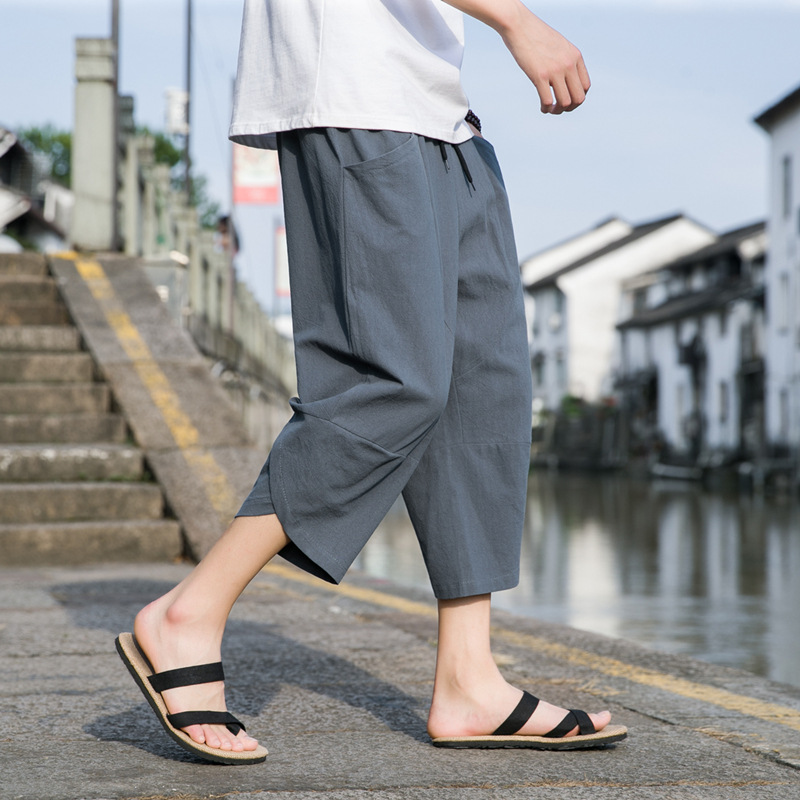 Summer Chinese Style Linen Casual Cropped Pants for Men Loose Large Size Pure Color Cotton and Linen Wide Leg Beach Pants for Men