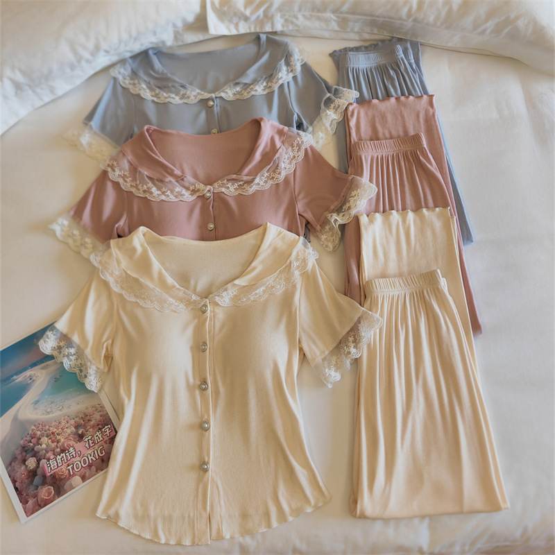 2025 Women's Pajamas Spring and Autumn Age-Reducing Lace French Sexy with Chest Pads Modal Pure Desire Flared Two-Piece Set