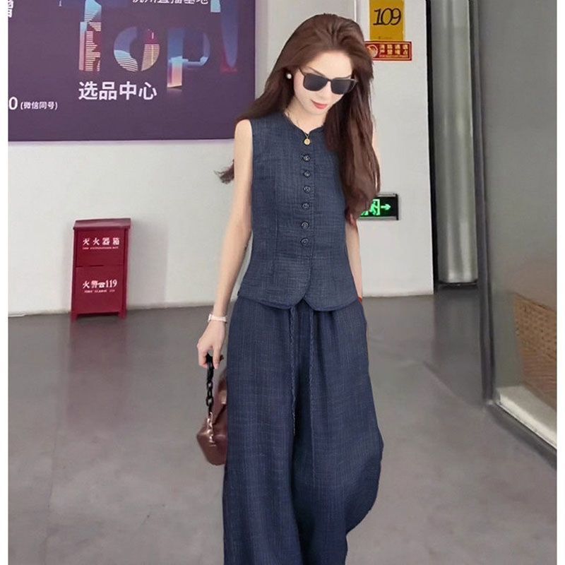 韓国の美しい夏の女性用小さなスーツ、夏の高級ピュアリネンスリムベスト、ワイドレッグパンツ、一式セット|undefined