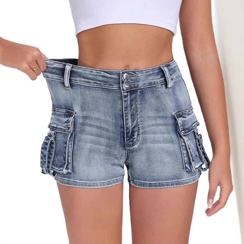 Women's Denim Mini Cargo Shorts Casual Mid Waist High Stretch Denim Shorts Sexy Skinny Shorts with Pockets