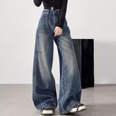 美式复古阔腿牛仔裤女春秋大码胖mm设计感高腰宽松休闲拖地直筒裤