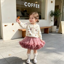 女童花朵毛衣tutu裙两件套 韩系春秋婴幼儿童针织开衫网纱裙套装