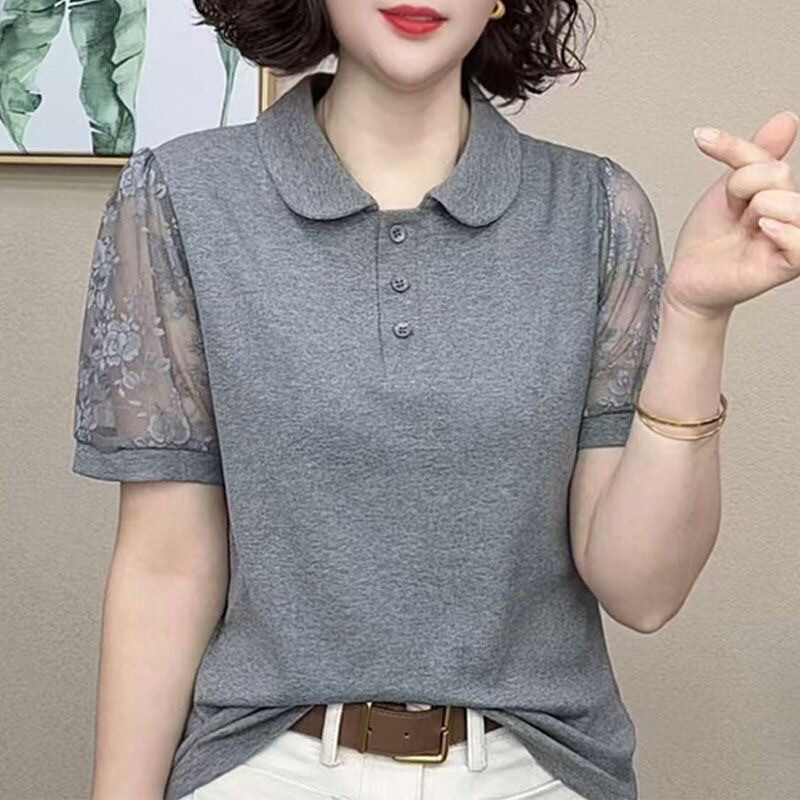 2025 summer new lace hollow lapel solid color short sleeve T-shirt women's fashion loose age-reducing temperament small shirt 2025 summer new lace hollow lapel solid color short sleeve T-shirt women's fashion loose age-reducing temperament small shirt