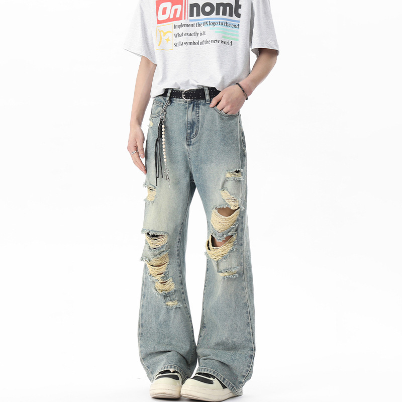 シャツ、アメリカンスタイルのリップドジーンズ、メンズ2025新作夏服、薄手、ハイストリート、ハンサム、ルーズ|undefined