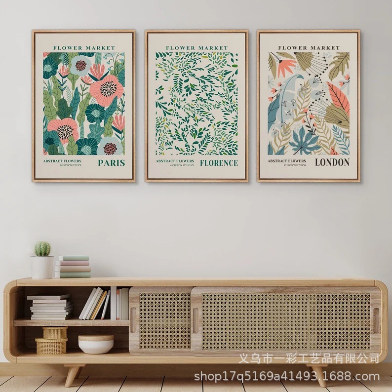 Tres pinturas abstractas de lona de flores y plantas con marcos, pinturas de paredes raspadas, arte moderno minimalista, instalación Bohemia