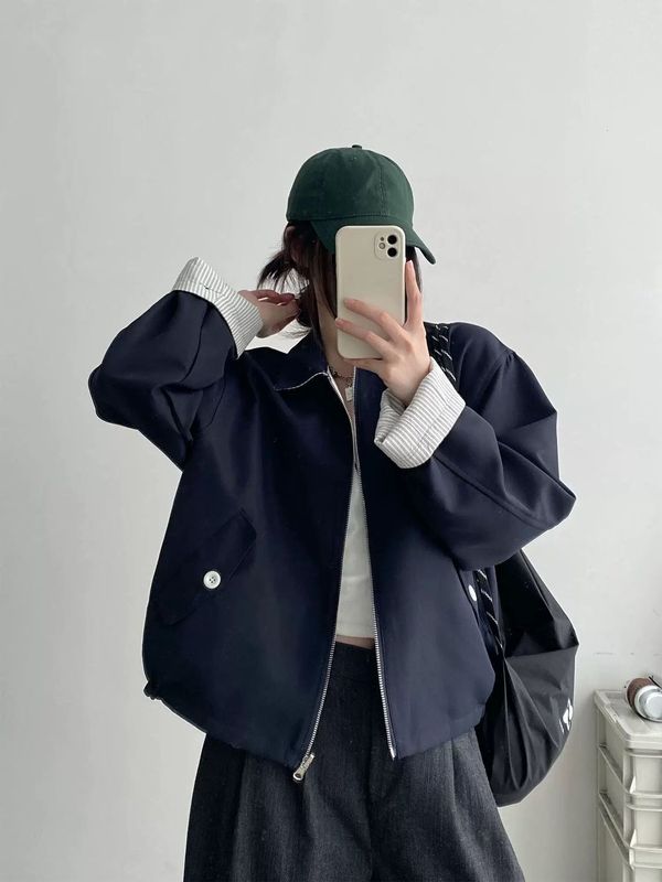 条纹两穿休闲外套女秋季外套宽松藏青色高级松弛感夹克上衣|undefined