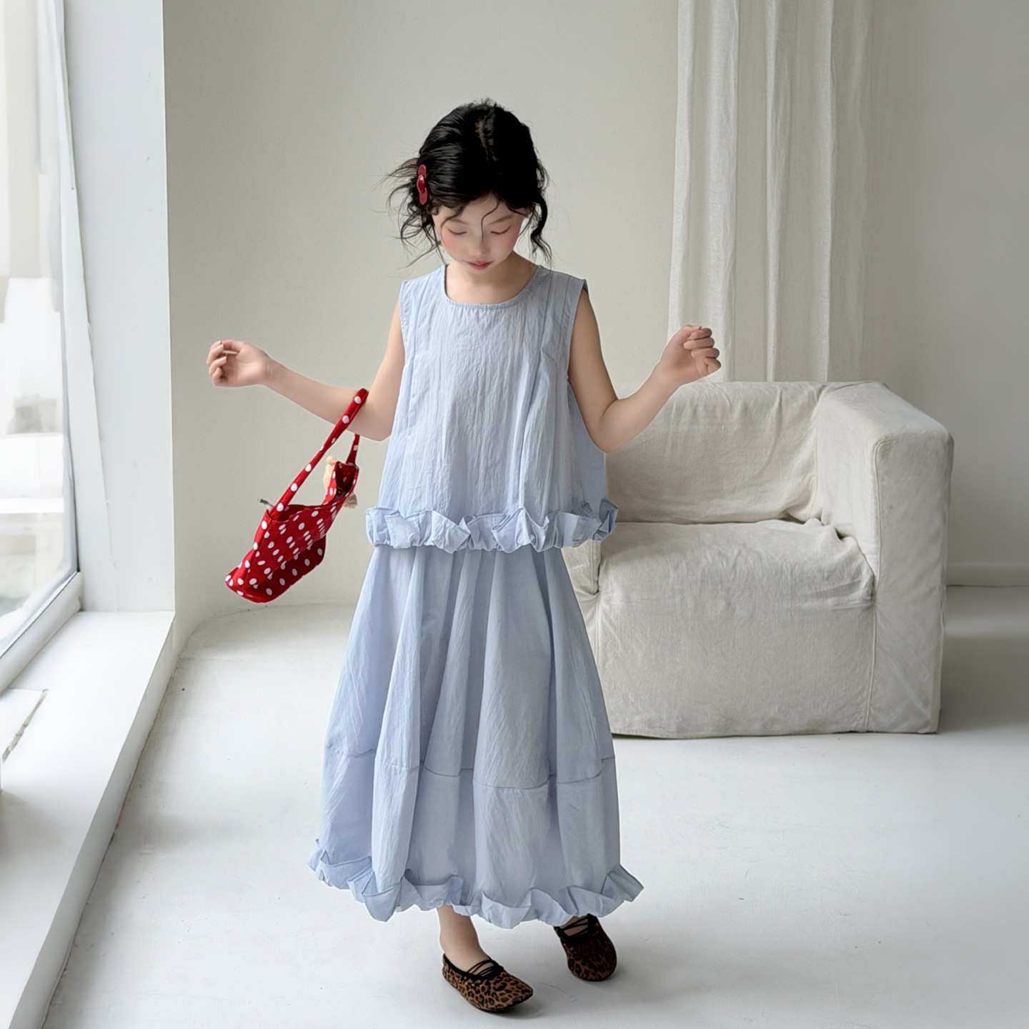 女童夏季无袖花边套装2025新款韩版洋气背心半身裙两件套中大童潮
